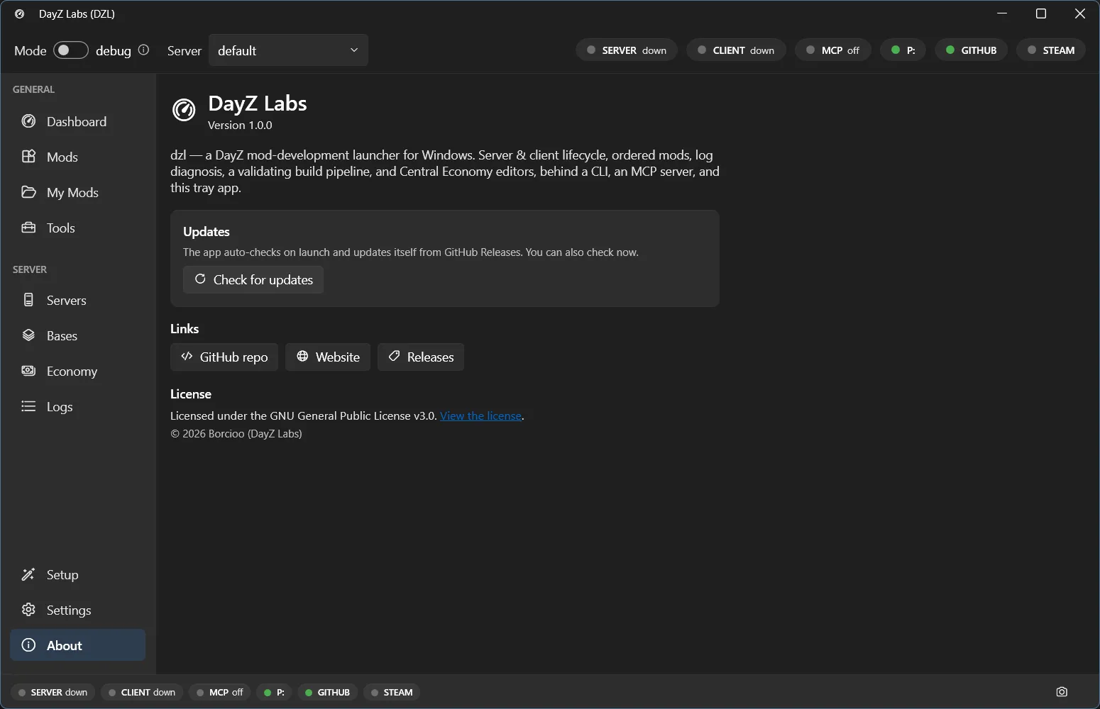 The About page — version, updates, links, license