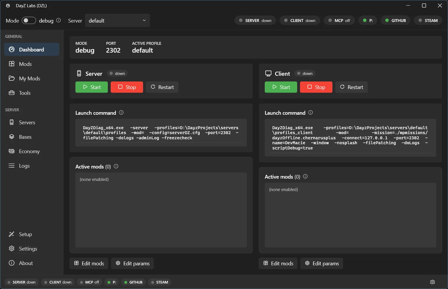 The DayZ Labs dashboard — server & client lifecycle, mods, and live status at a glance