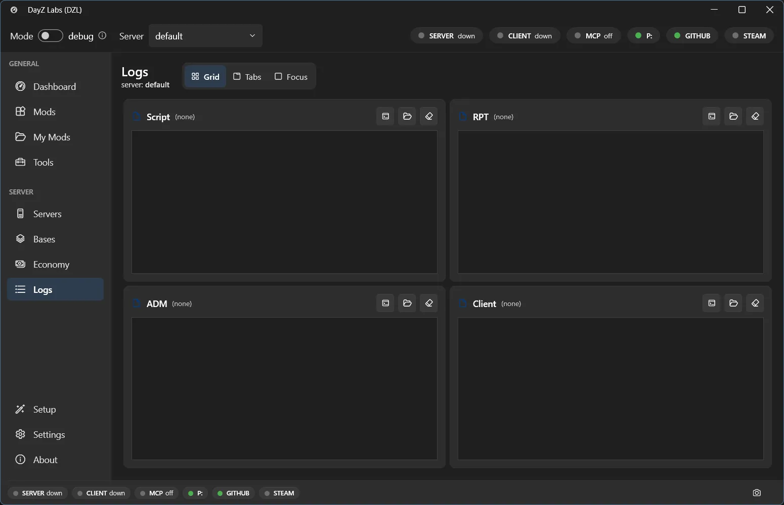 The Logs page — live tail of script / rpt / adm / client