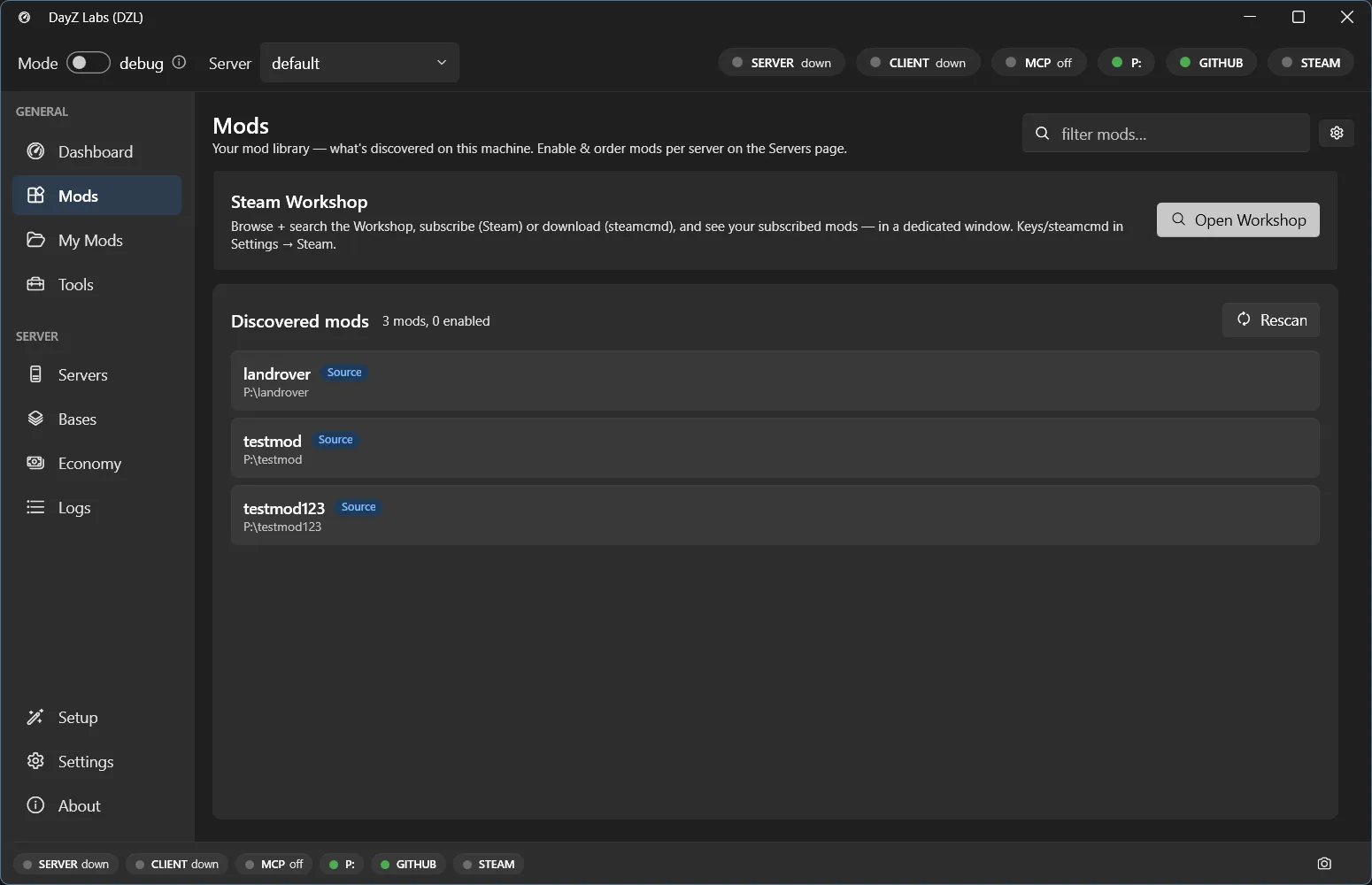 The Mods page — your mod library and Steam Workshop