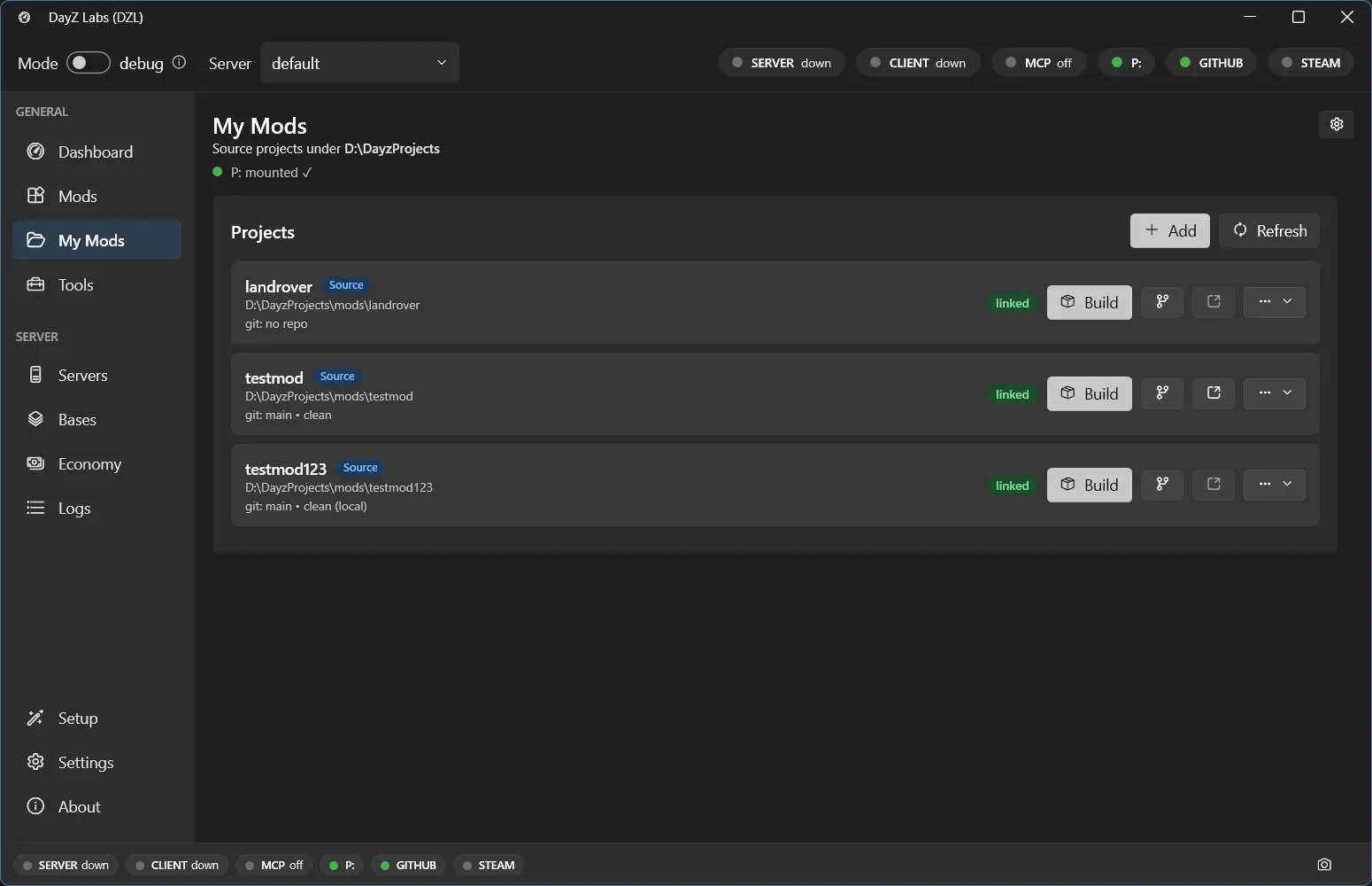 The My Mods page — your source projects with one-click Build