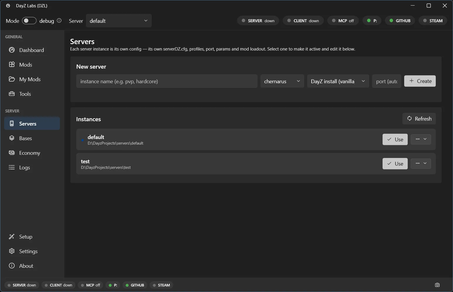 The Servers page — manage server instances