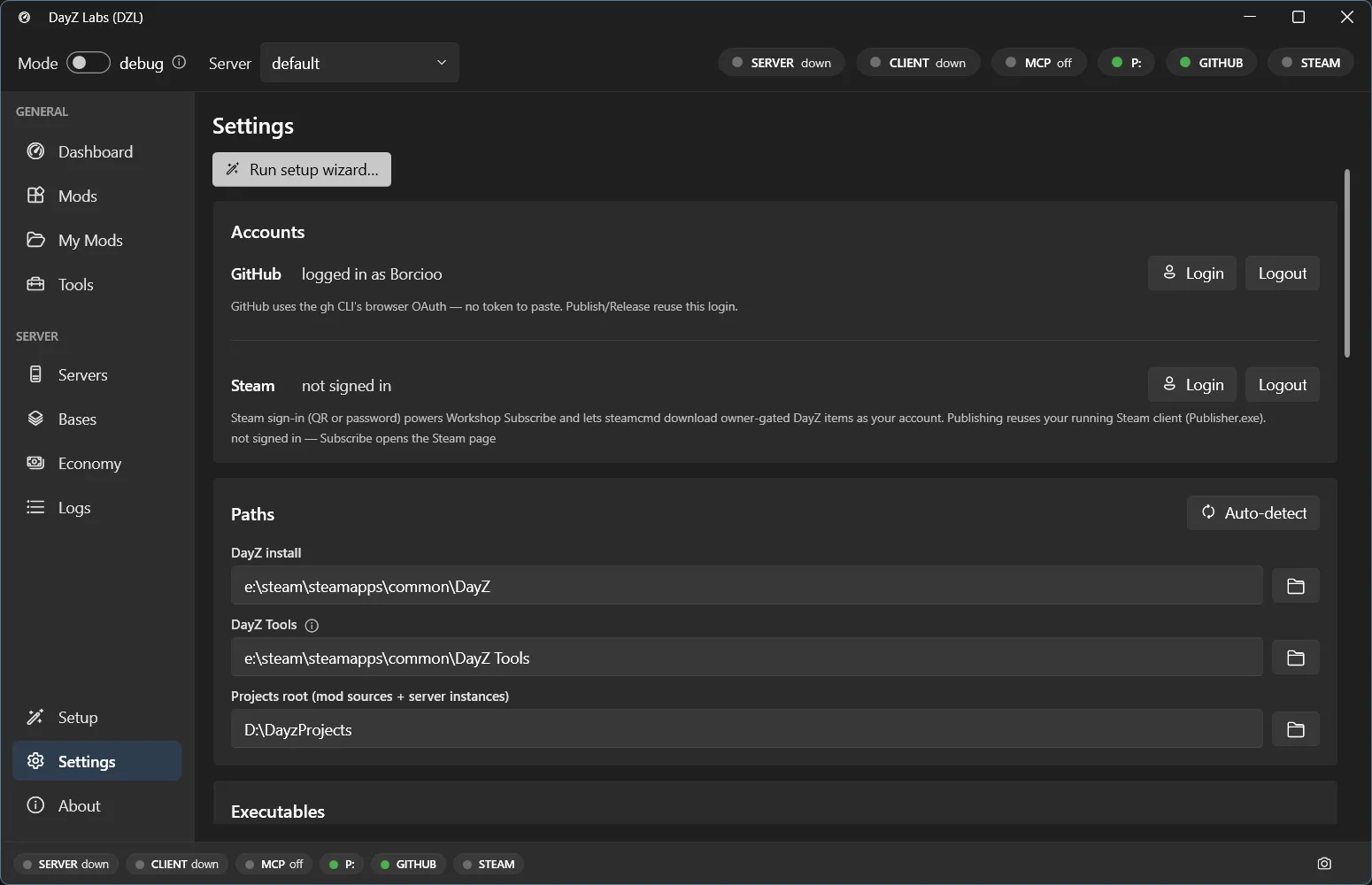 The Settings page — accounts and paths
