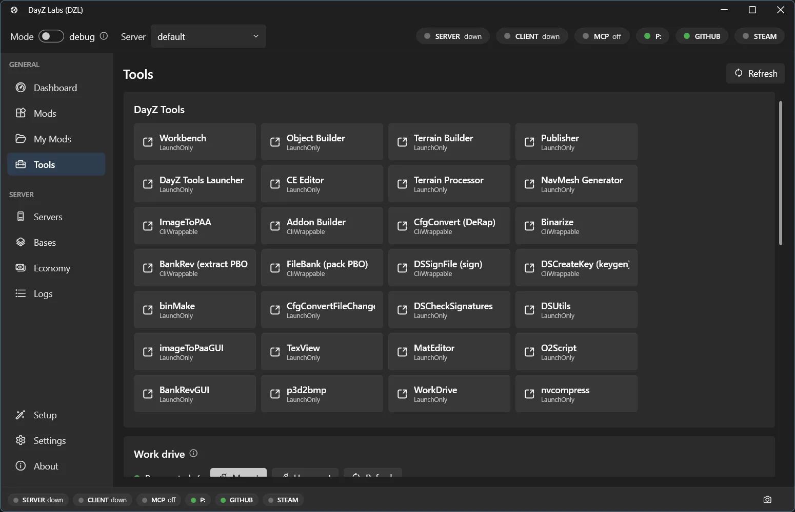 The Tools page — DayZ Tools and the P: work drive
